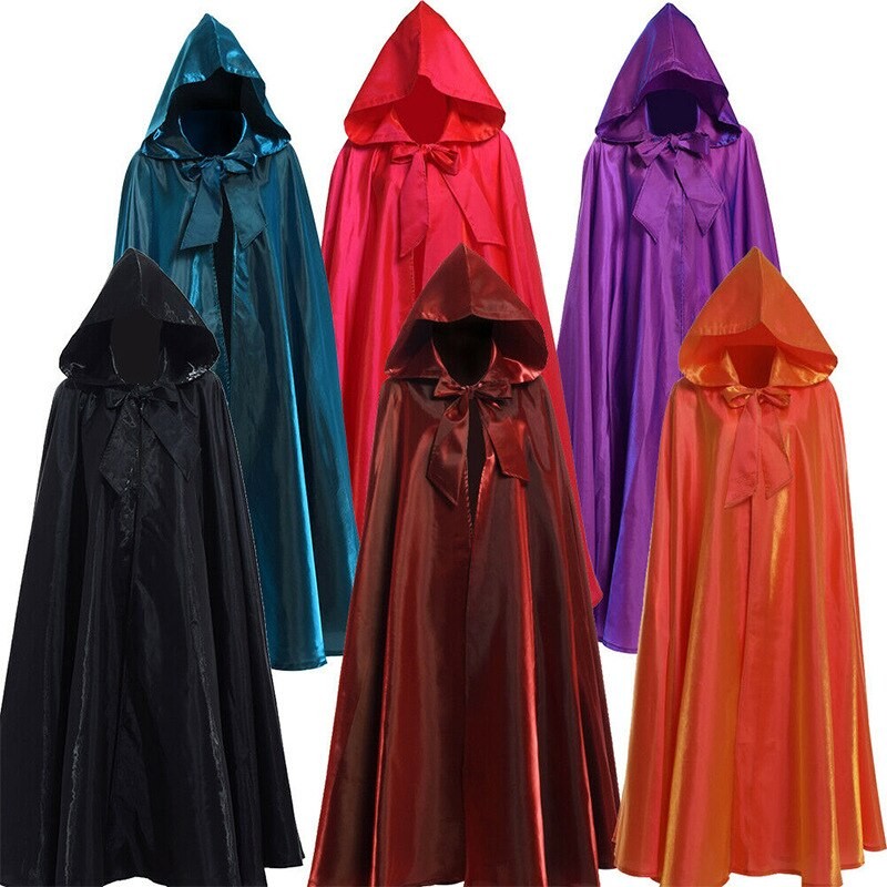 Men Adult Long Hero Witchcraft 2022 Halloween Party Cosplay Woman Witchcraft Robe Hood Cloak Cosplay Satin Red Medieval Cloak
