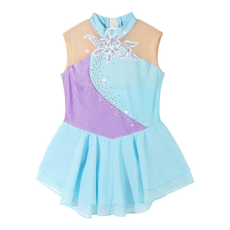 Kids Girls Sequined Rhinestones Ballet Dance Leoatards Figure Ice Skating Dress Gymnastics with Tutu Skirt Outfits Costume
