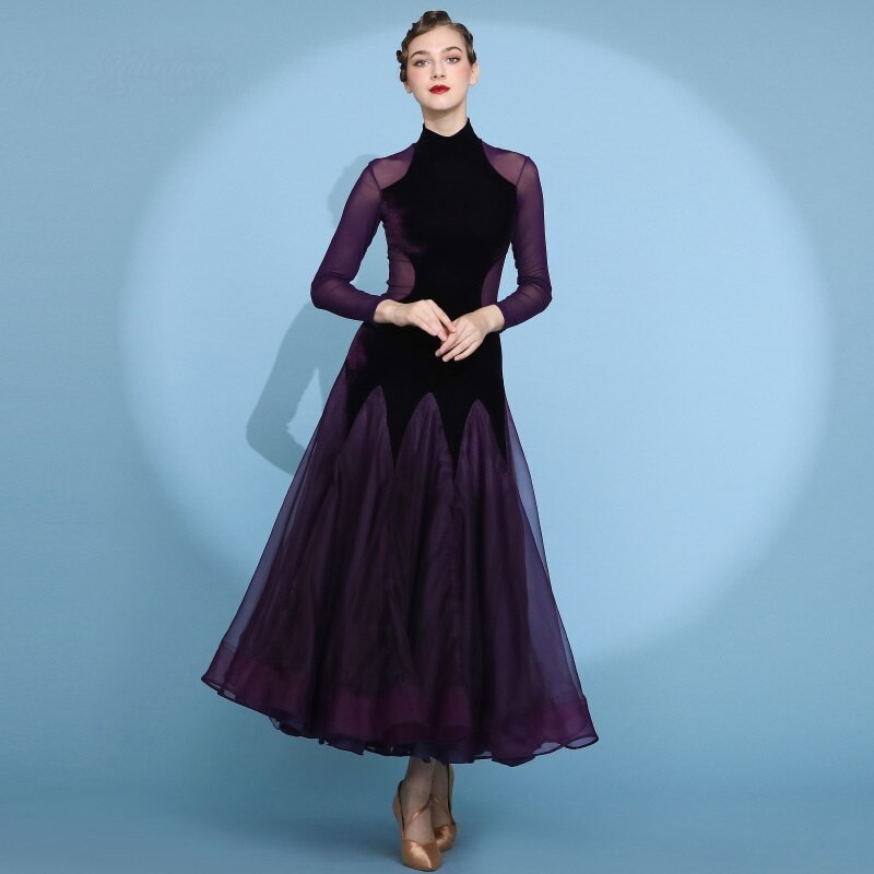 New Ballroom Dance Dress For Women Velvet Modern Standard Costumes  Long Sleeve High Neck  Waltz Performance Clothes