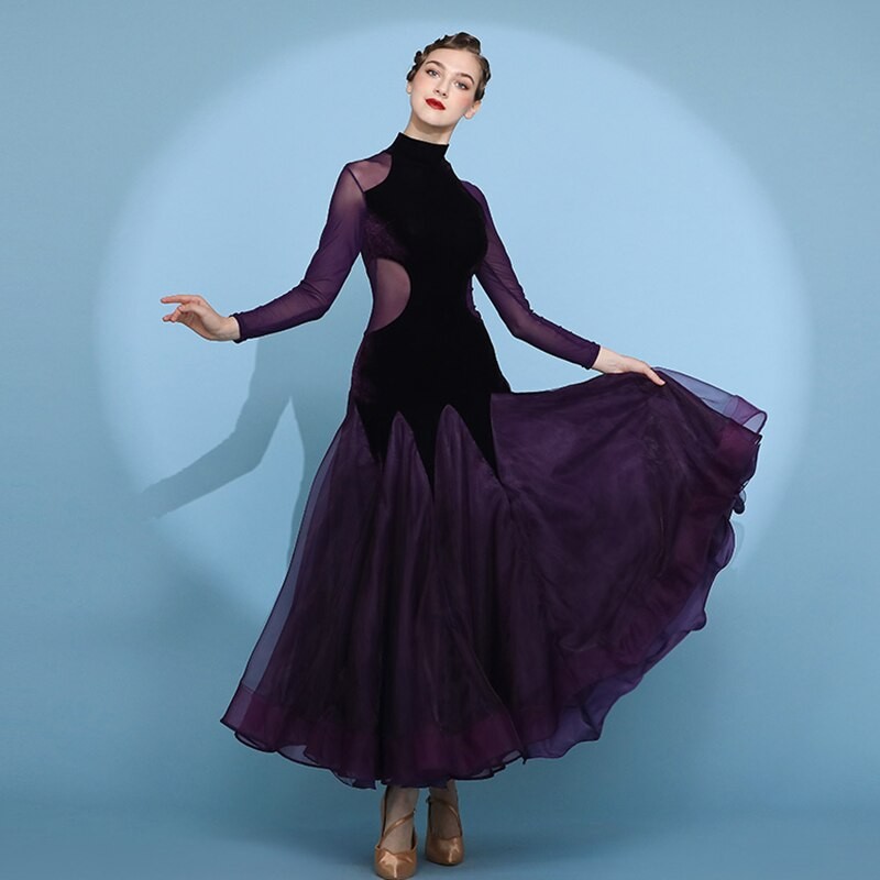 New Ballroom Dance Dress For Women Velvet Modern Standard Costumes  Long Sleeve High Neck  Waltz Performance Clothes