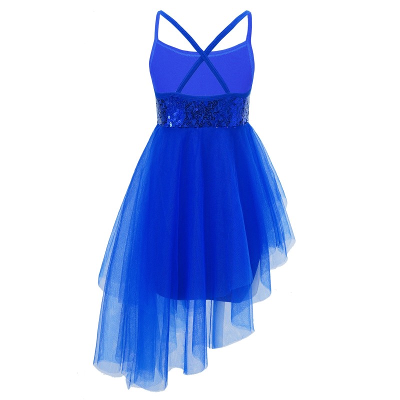 Kids Girls Sleeveless Sequins Camisole Ballet Dance Gymnastics Leotard Dress Asymmetrical Mesh Skirt Outfit Performance Costumes