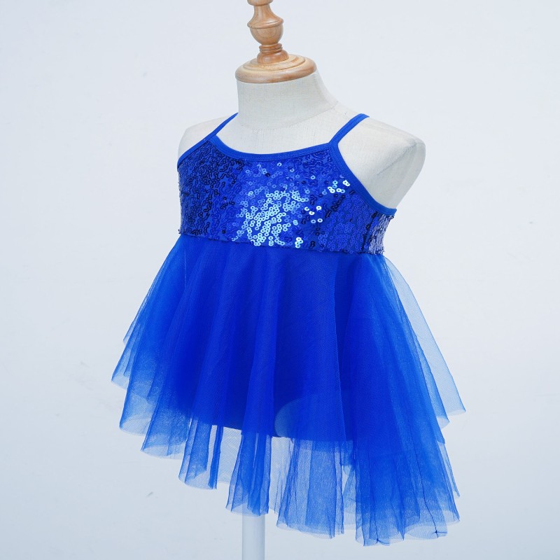 Kids Girls Sleeveless Sequins Camisole Ballet Dance Gymnastics Leotard Dress Asymmetrical Mesh Skirt Outfit Performance Costumes