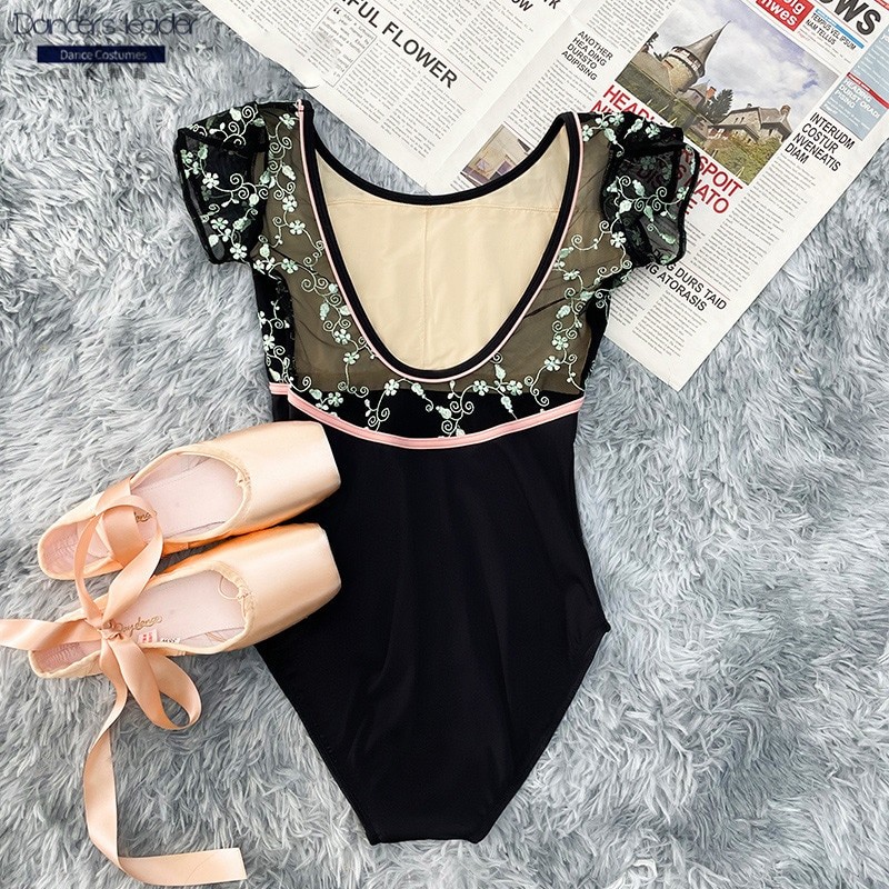 Ballet Leotard for Women's Short-sleeved Pure Black Pink Embellishment Gymnastics Leotard Ballet Actress Performance Clothing