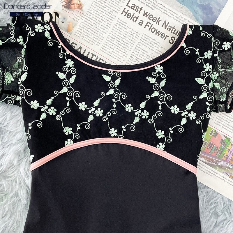 Ballet Leotard for Women's Short-sleeved Pure Black Pink Embellishment Gymnastics Leotard Ballet Actress Performance Clothing