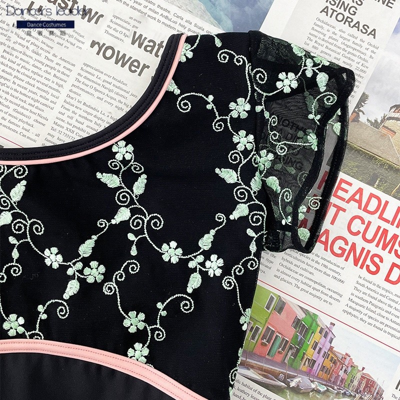 Ballet Leotard for Women's Short-sleeved Pure Black Pink Embellishment Gymnastics Leotard Ballet Actress Performance Clothing