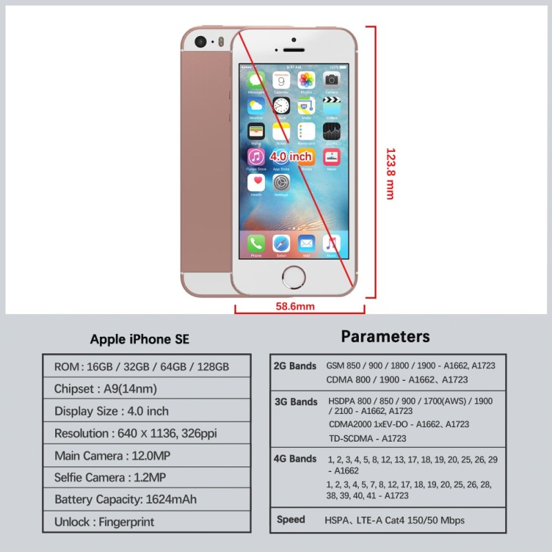 Original Unlocked Apple iPhone SE 4G Mobile Phone 4.0'' Touch ID 16/64GB ROM 2G RAM WIFI GPS 12MP+1.2MP Dual Core iOS CellPhone