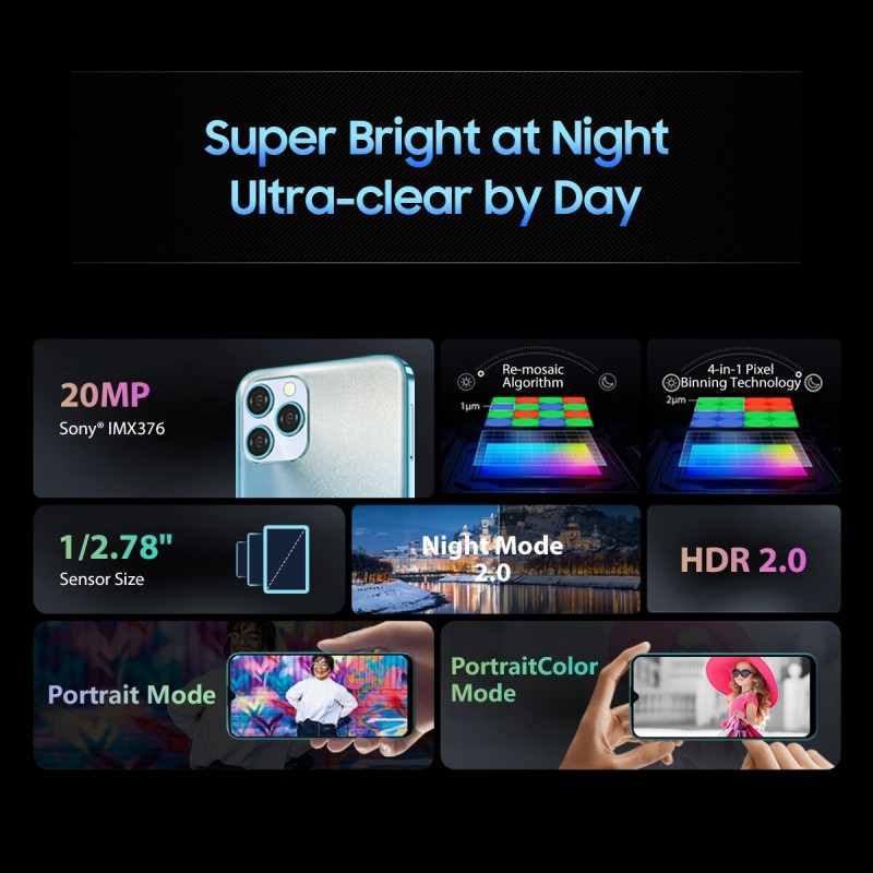 Blackview A95 Smartphone 8GB+128GB Octa Core Android 11 Mobile Phone 6.528 HD+ Display 20MP Camera 4380mAh Helio P70 Cellphone