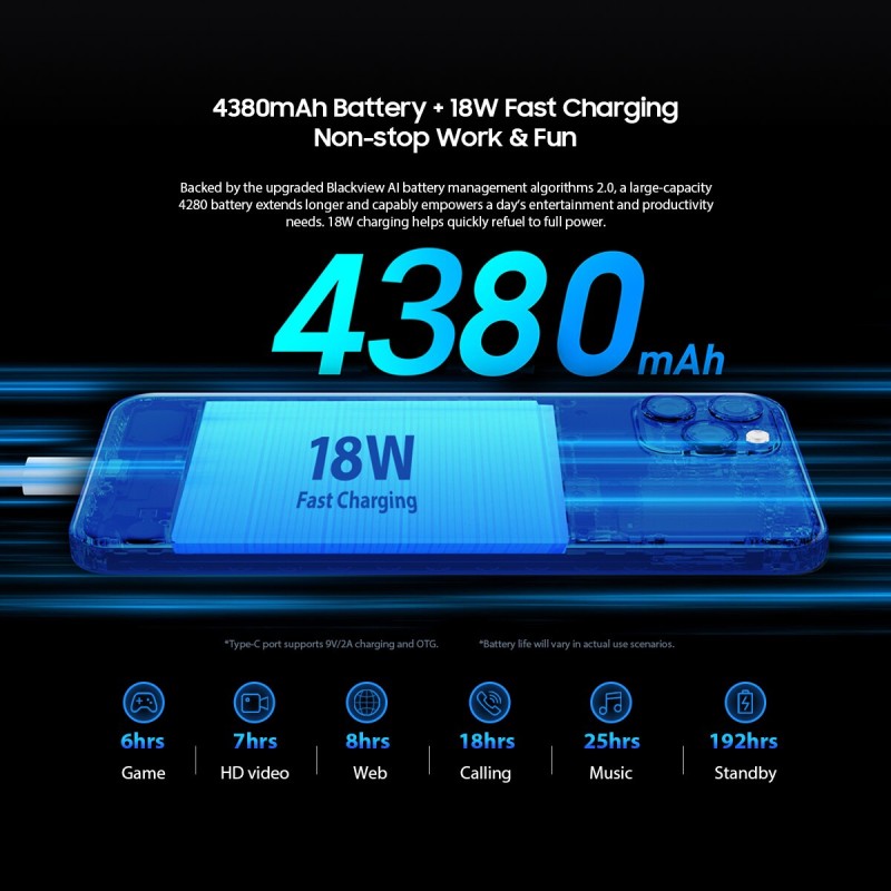 Blackview A95 Smartphone 8GB+128GB Octa Core Android 11 Mobile Phone 6.528 HD+ Display 20MP Camera 4380mAh Helio P70 Cellphone