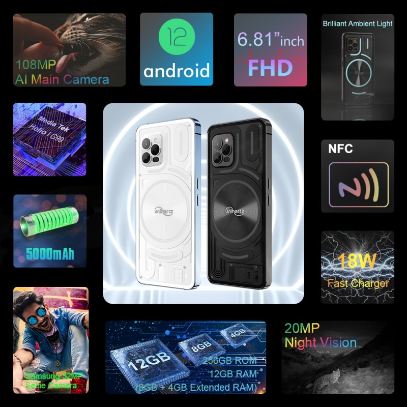 World Premiere Unihertz Luna Smartphone Rhythm Ambient Light 8GB 256GB 108MP G99 Mobile Phone Night Vision Cellphones