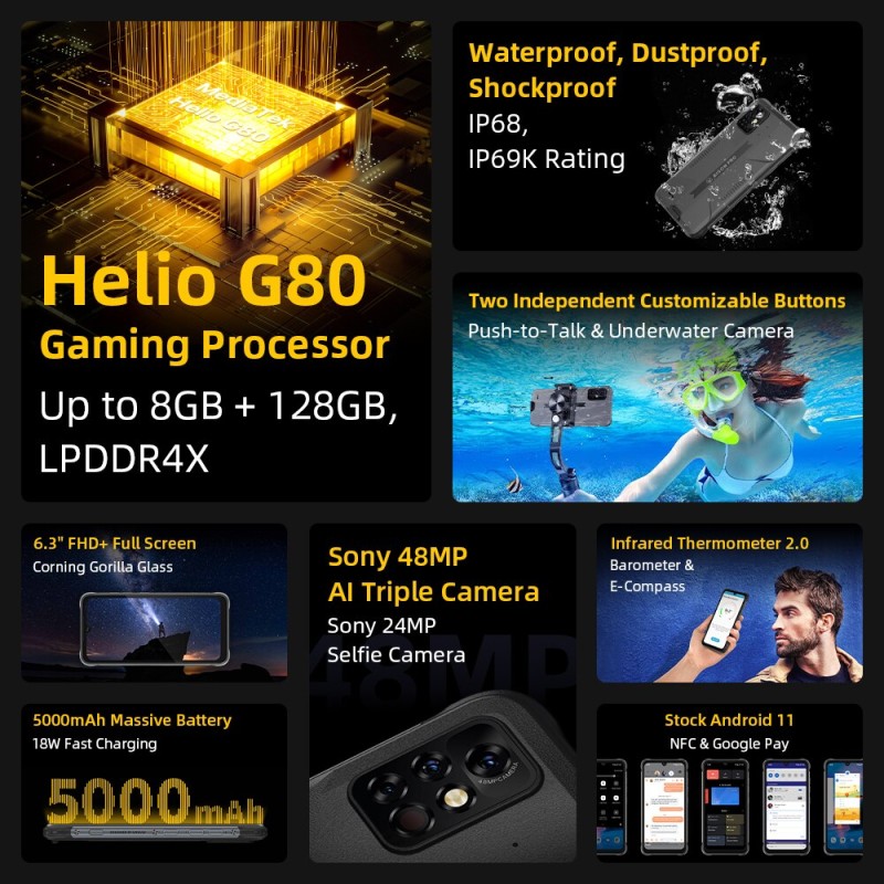 UMIDIGI BISON Pro Global Version Smartphone Rugged Phone 128GB IP68/IP69K Helio G80 NFC 48MP Camera 6.3"FHD+ Screen 5000mAh