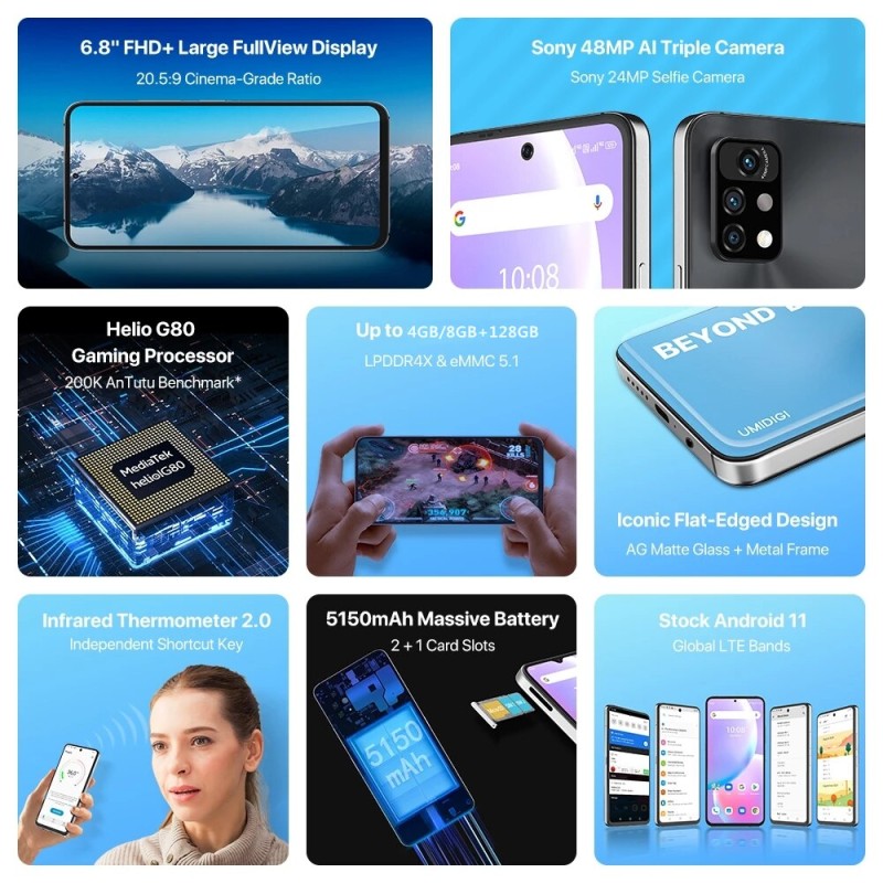 UMIDIGI A11 Pro Max 4GB 8GB 128GB 6.8'' Android 11 Helio G80 48MP AI Triple Camera Support 4G OTG Octa Core Smartphone