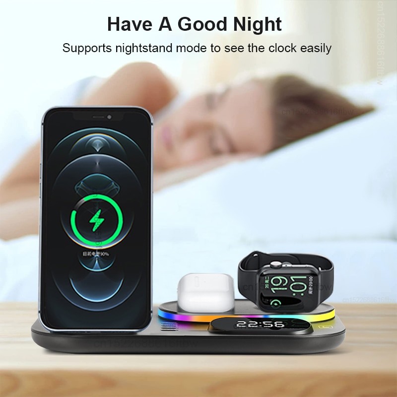 4 in 1 Wireless Chargers For iPhone 11 12 13 Pro Max 30W Fast Charging Dock Station For Apple Watch/Airpods With Lamp And Clock