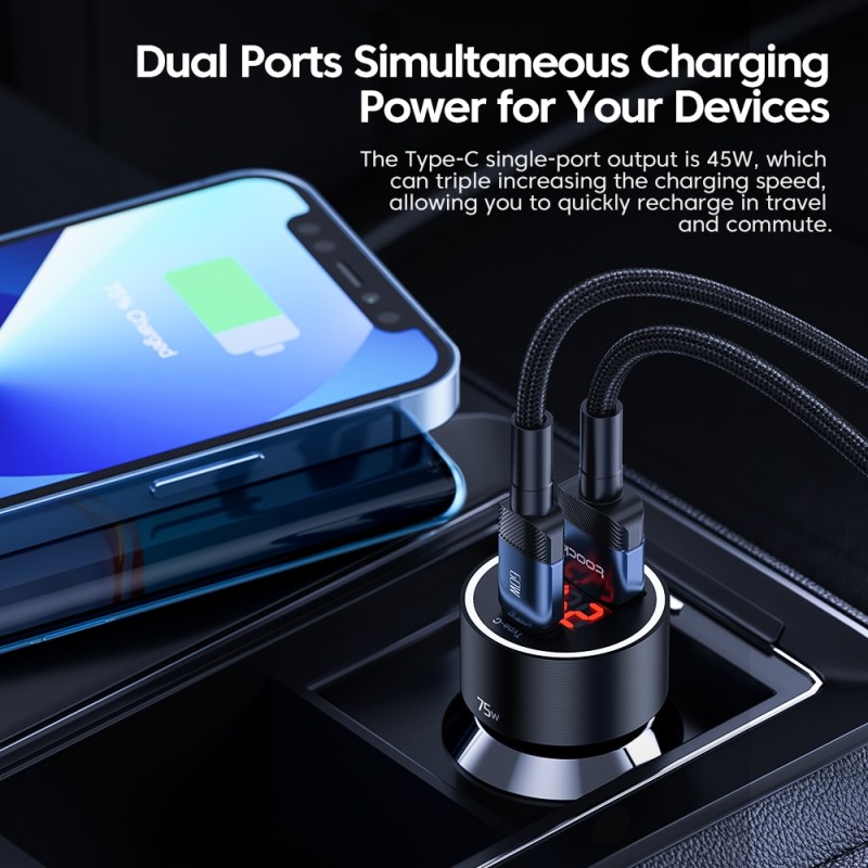 Toocki 75W USB C Charger QC4.0 PD3.0 SCP 5A PD Fast Charging Type C Car Phone Charger For iPhone 14 13 Samsung Xiaomi Huawei To