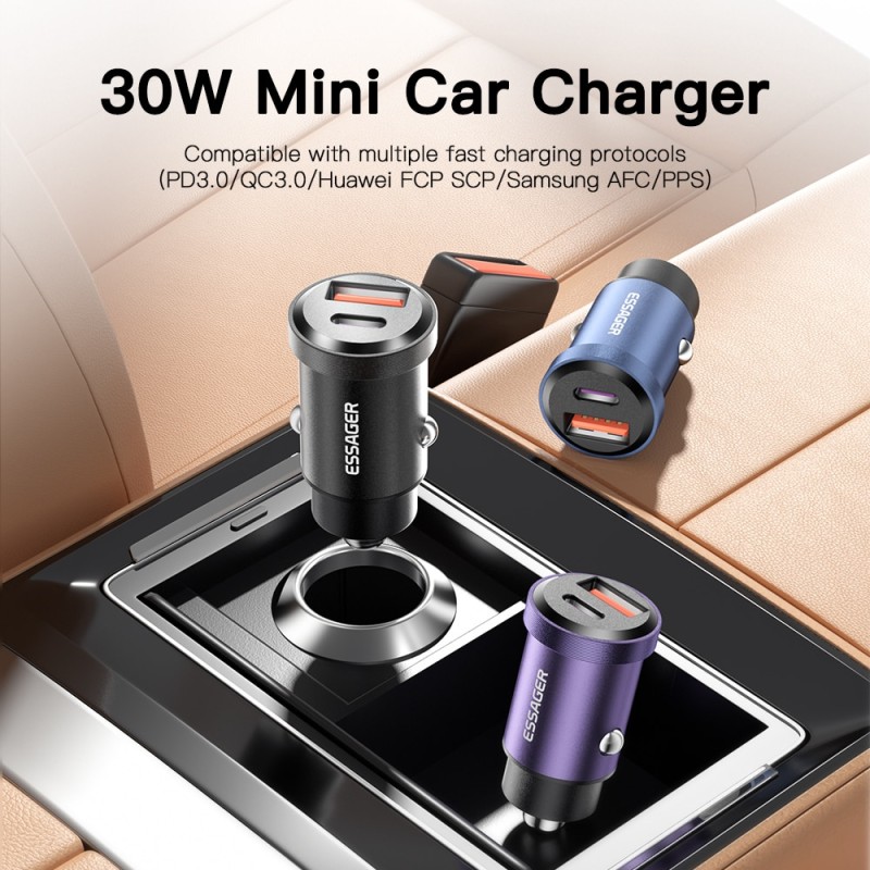 Essager 30W 5A QC PD 3.0 SCP USB Car Charger Quick Charge4.0 USB Type C Car Fast Charging For iPhone 12 13 Huawei Samsung Xiaomi