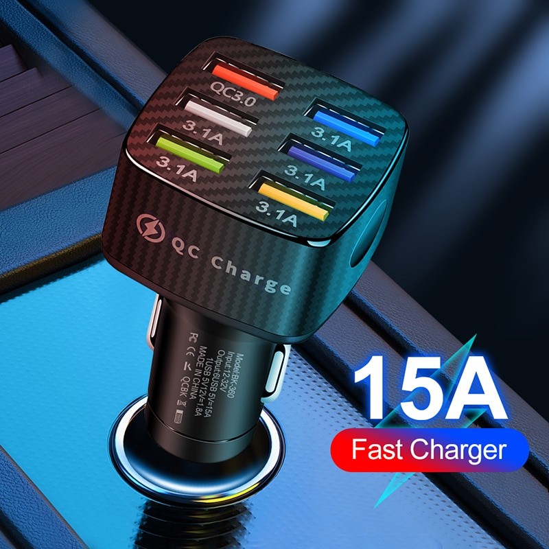 15A Light-emitting car Charger 6USB porous QC3.0 square High-Pass quick Charge multi-function car charger