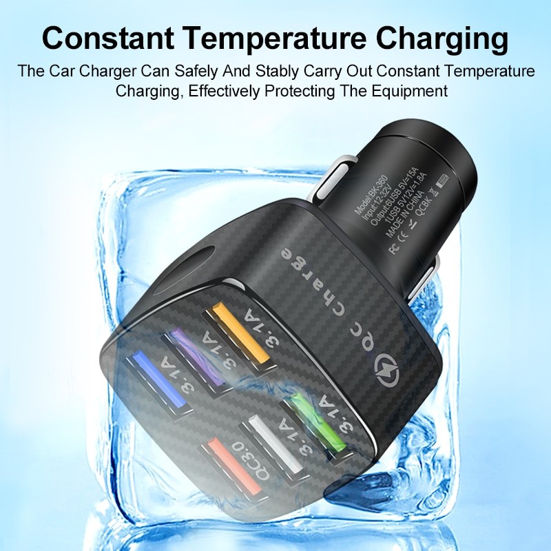 15A Light-emitting car Charger 6USB porous QC3.0 square High-Pass quick Charge multi-function car charger