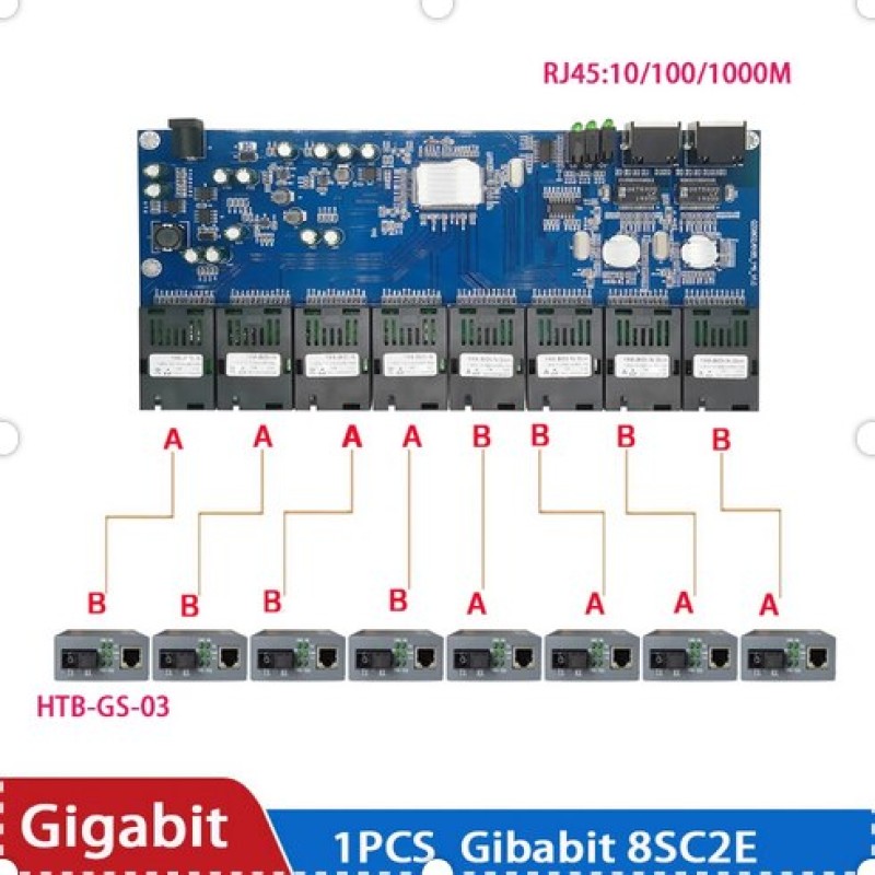 Switch Fiber Optical Media Converter PCBA Board 8Port 8SC 1.25G 2port RJ45  2RJ45 Ethernet UTP Gigabit 10/100/1000Mbps Fibra PCB