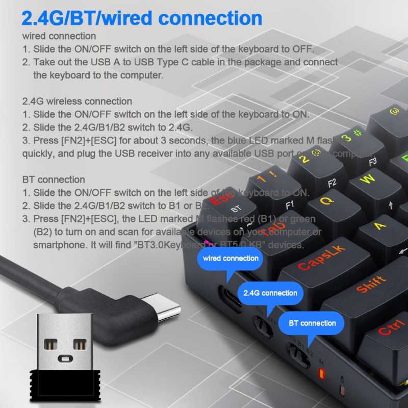 REDRAGON Draconic Pro K530 RGB Support Bluetooth 5.0 wireless 2.4G USB 3 mode Mechanical Gaming Keyboard 61 Keys Compute PC