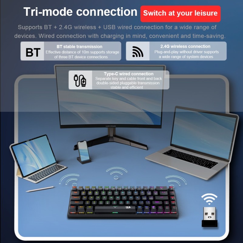 REDRAGON RYZE Pro K633 RGB USB Support Bluetooth wireless USB 2.4G Mechanical Gaming Keyboard Red Switch 68 Keys for Computer PC