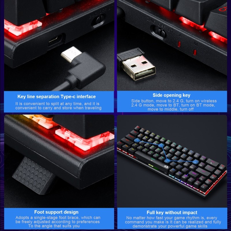 REDRAGON RYZE Pro K633 RGB USB Support Bluetooth wireless USB 2.4G Mechanical Gaming Keyboard Red Switch 68 Keys for Computer PC