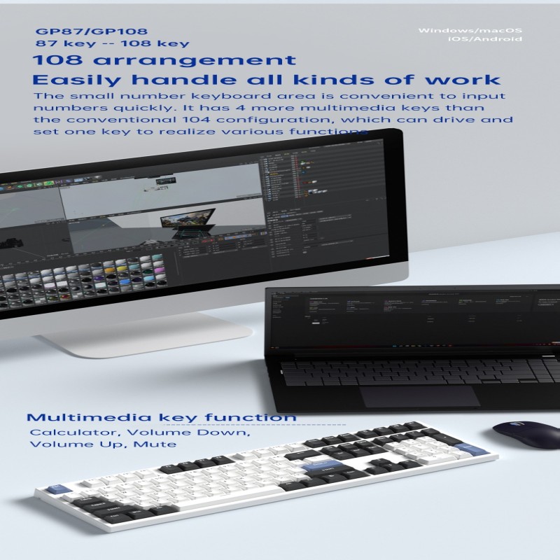 FLÃ‚Â·ESPORTS GP108 Three-Mode Mechanical Keyboard 108 Keys RGB Hot-Swappable 2.4G Wireless Bluetooth Wired Win/Mac/iPad