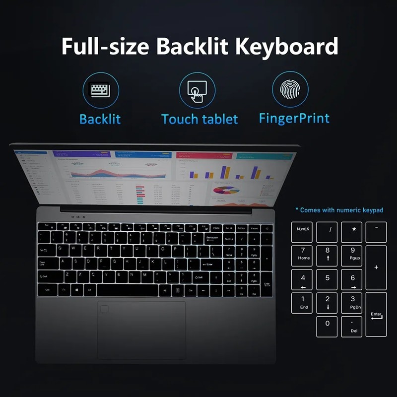 Intel 11th Gen N5095 Quad Core Laptop 15.6 Inch DDR4 16GB RAM Win 10 Notebook Full Size Backlit Keyboard Fingerprint Unlock