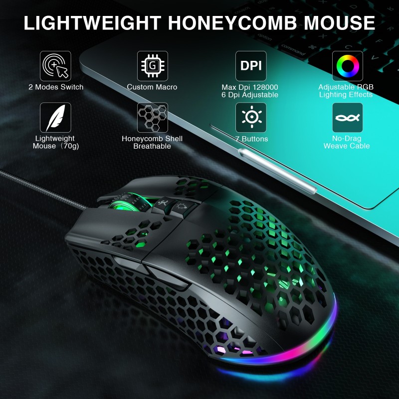 RGB Gaming Wired Mouse 12800DPI Marco Progrommable Egronomic Backlit Game Mice for Laptop