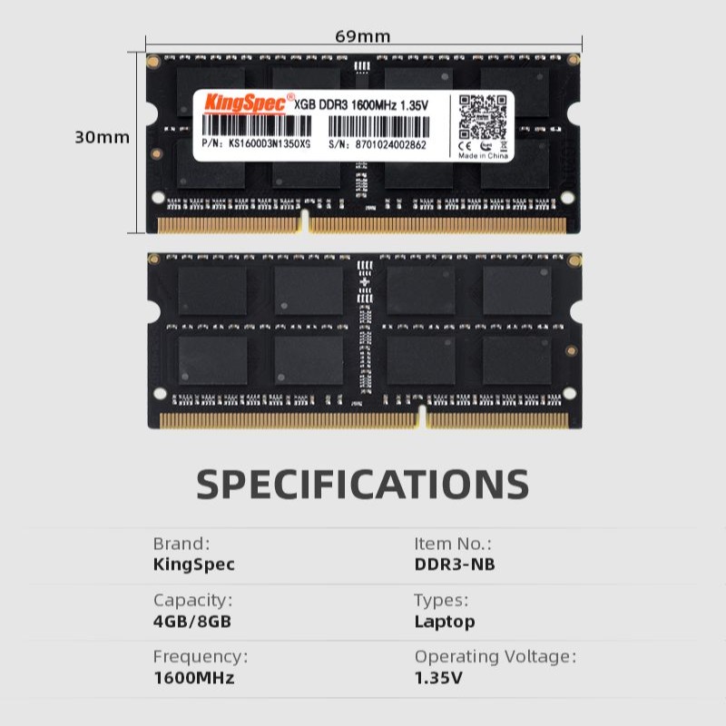 KingSpec DDR3 4GB 8GB Memory RAM Laptop 1600 Sodimm Memory Ram For Laptop Memoria Rams 1600MHz Ddr3 1.35V Notebook