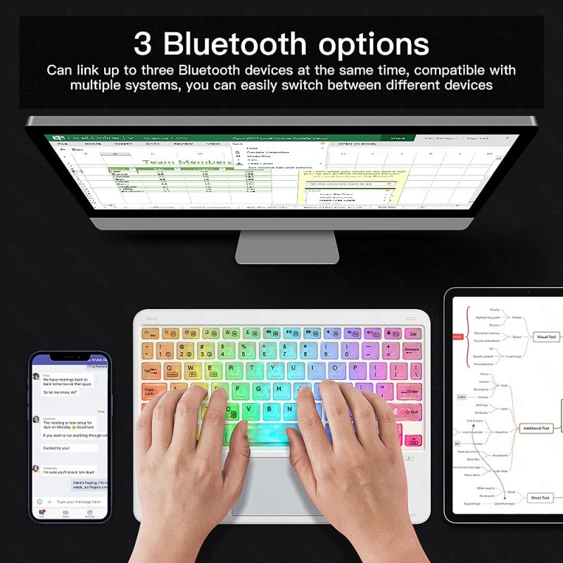 RGB Rainbow Backlit Wireless Bluetooth Keyboard with Touchpad and Mouse, Mini Wireless Keyboard for iPad  IOS Android Windows