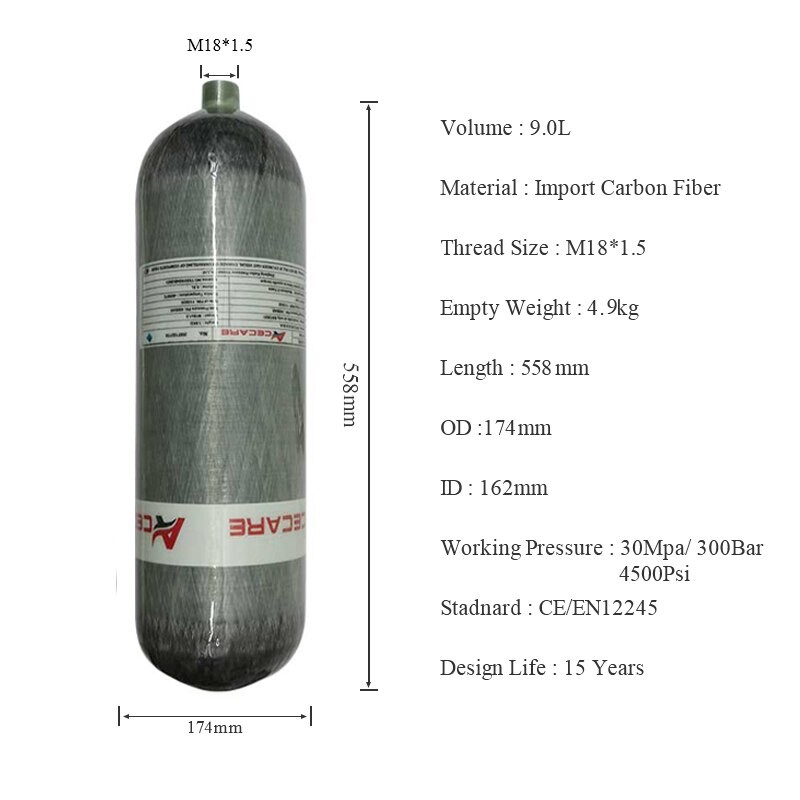 Acecare 9L CE 300bar  4500Psi Carbon Fiber Gas Cylinder For Diving and Fire Safety Compressed Air Cylinder
