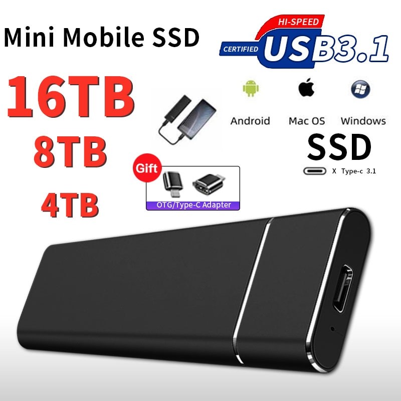 High-speed Portable SSD 16TB 8TB 4TB  500GB External Solid State Hard Drive Mobile USB3.0 Typc-C USB Portable Hard Drives Disks