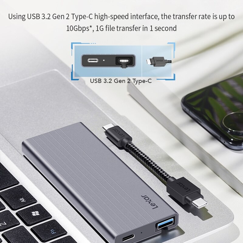 Lexar E10 Hard Drive Case Dual Protocol M2 NVMe/SATA SSD Case 10Gbps SSD Box To USB3.2 Enclosure USB-C To USB-A for M.2 2280 SSD