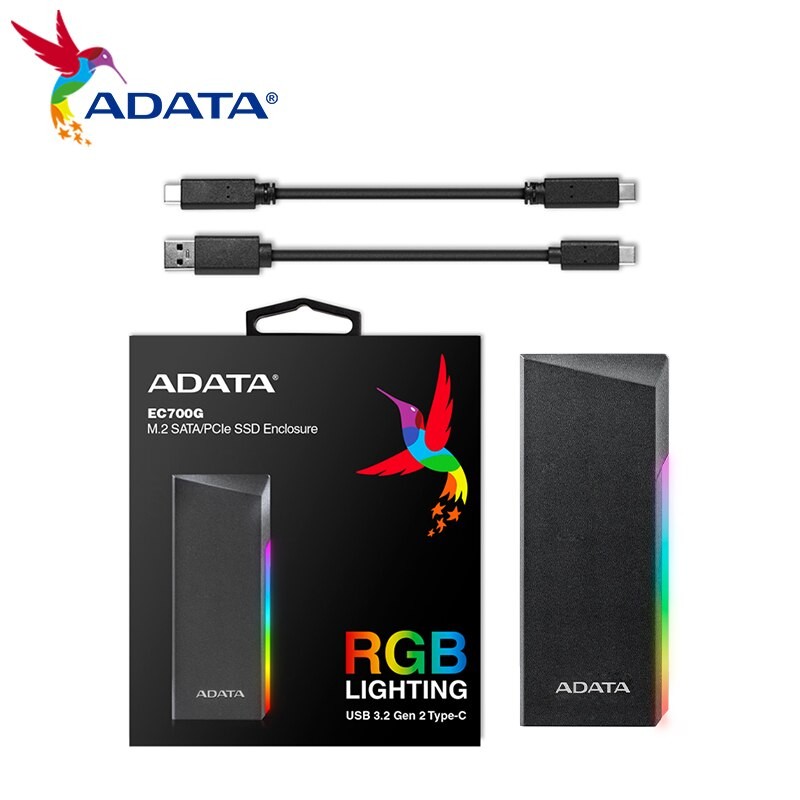 ADATA EC700G M2 SATA/PCle SSD Enclosure RGB LIGHTING USB 3.2 Gen2 Type-C Solid State Drive Box SATA Hard Drive Case