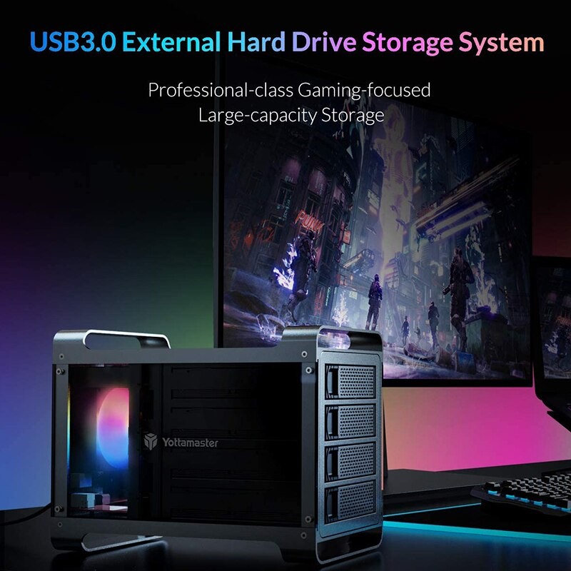 Yottamaster DF4U3 Hard Drive Enclosure 4 Bay 2.5" 3.5" USB3.0 80mm RGB Fan 4X18TB for PC DIY Experts Gamers HDD SSDs External
