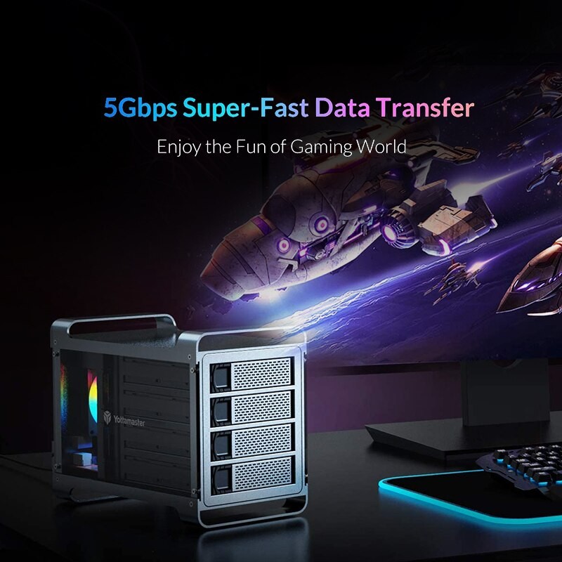 Yottamaster DF4U3 Hard Drive Enclosure 4 Bay 2.5" 3.5" USB3.0 80mm RGB Fan 4X18TB for PC DIY Experts Gamers HDD SSDs External