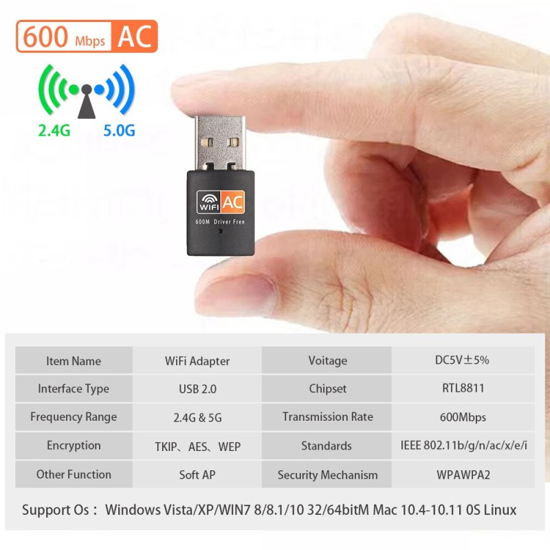 DBIT 600Mbps Dual Band USB Wireless Adapter, 2.4GHz+5GHz Wireless Network Card, Wifi Dongle, PC Network Card, usb Adapter