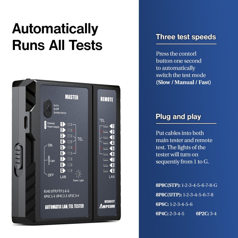 AMPCOM Network Cable Tester,  LAN Wire Tester tool Networking Tool Ethernet Cable Repair For RJ45/RJ11/RJ12/CAT5/CAT6/CAT7/CAT8
