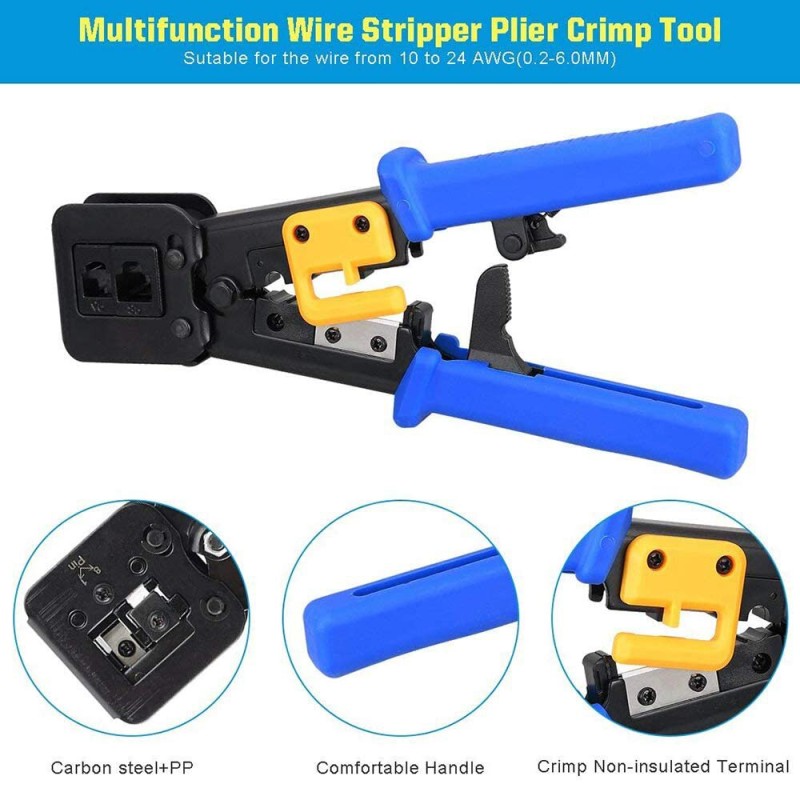 Hoolnx RJ45 Crimp Tool Pass Through Ethernet Crimper Cutter Stripper for Cat5e Cat6 RJ45/RJ12 Regular and End Pass Through Plugs