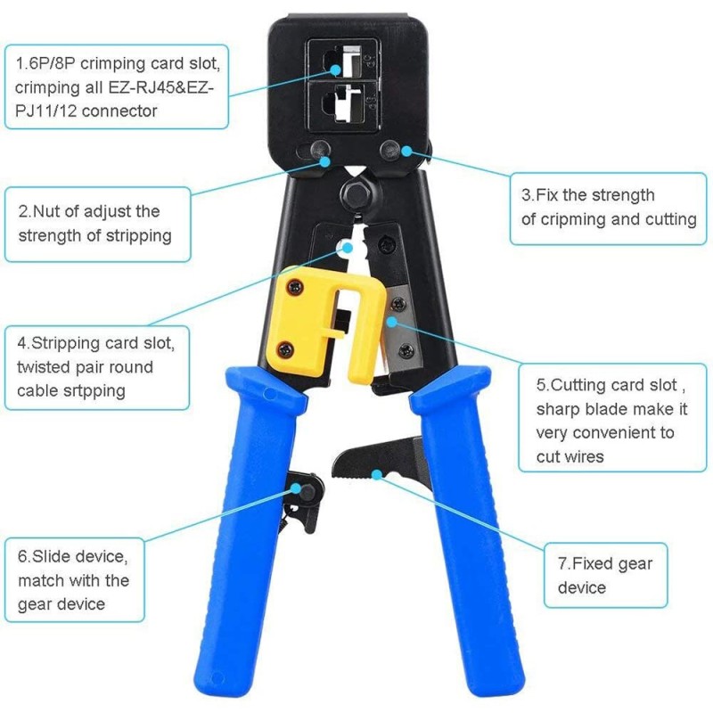 Hoolnx RJ45 Crimp Tool Pass Through Ethernet Crimper Cutter Stripper for Cat5e Cat6 RJ45/RJ12 Regular and End Pass Through Plugs