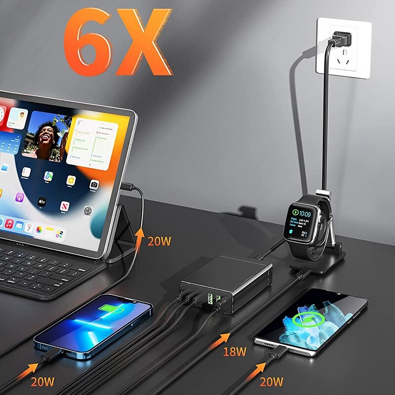 URVNS 96W 6-Port Desktop USB Charging Station with 3 USB-C Ports and QC3.0 Ports, PD 20W Fast Charger for iPhone 13 iPad Samsung