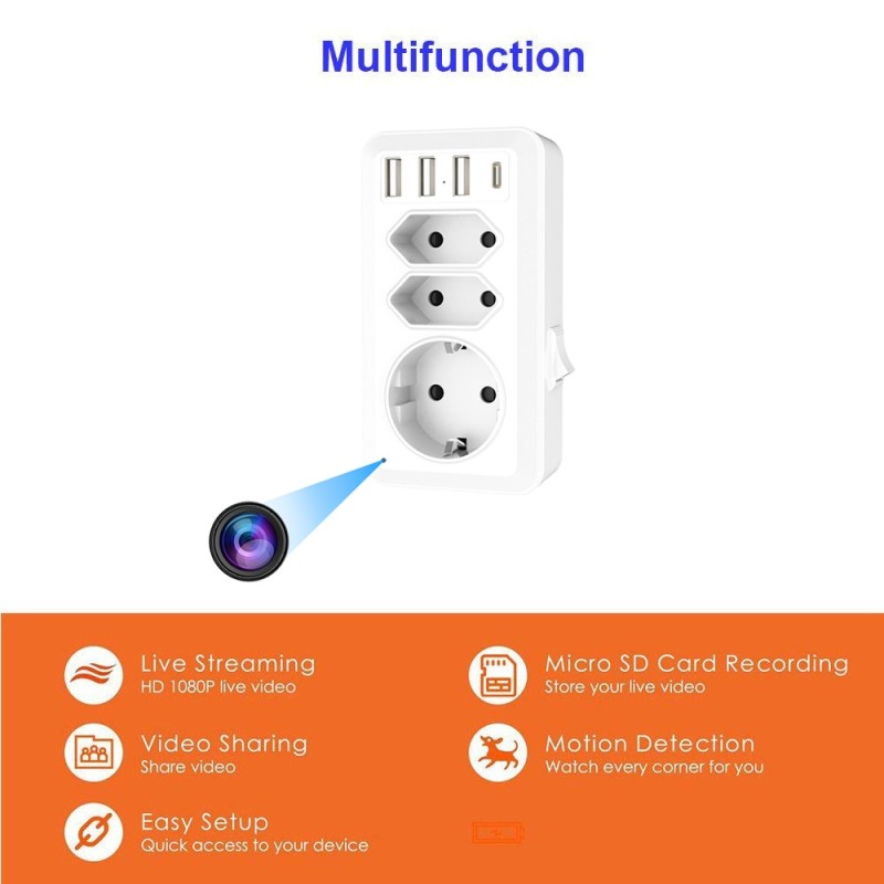 EU Standard Socket Adapter Mini Camera 1080 HD Portable EU Plug Household Wireless IP Camera With USB Port App Remote Viewing