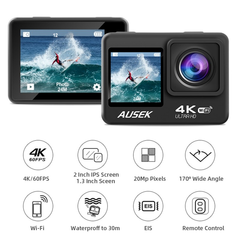 Action Camera 4K Video Shooting Sports Cam EIS Dual Screen Webcam 20MP Vlog Camera Wifi Remote Car DVR Looping Record Sony Lens