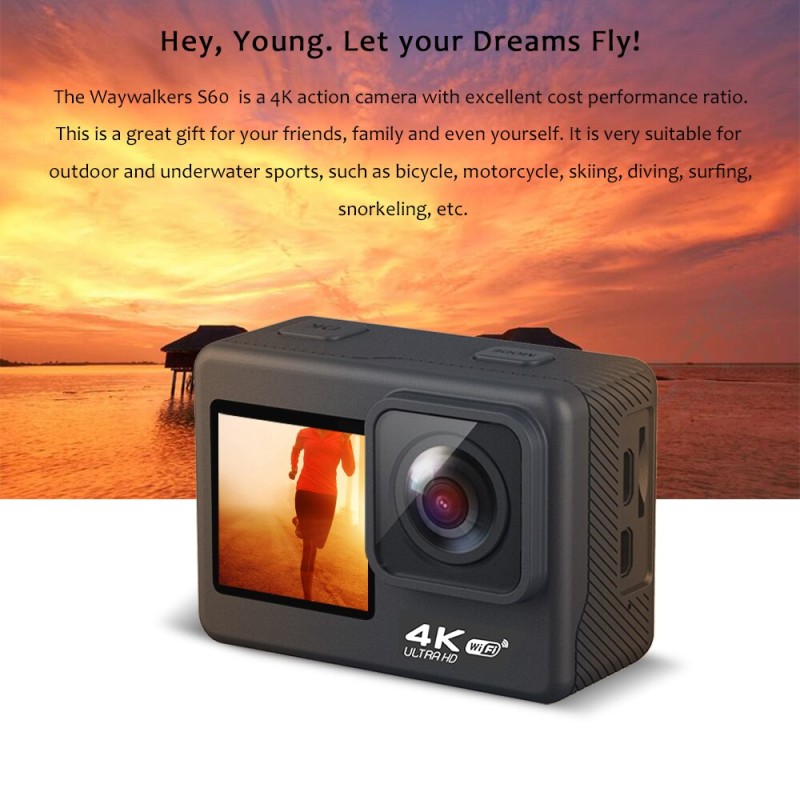 Waywalkers Action Camera Sony Lens 2.0 inch LCD EIS Dual Screen 4K 60FPS 24MP WiFi Video Recording Waterproof Sports Cam Go Pro