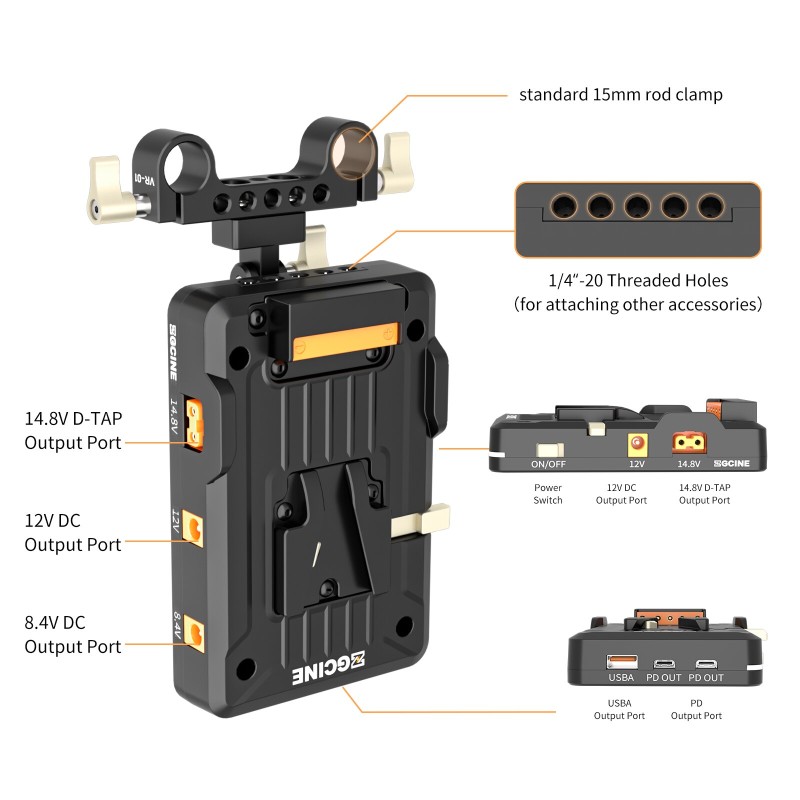 ZGCINE VP1 V MOUNT Plate PD 14.8V With 15MM Rod Clamp standard V battery V-Lock plate adapter