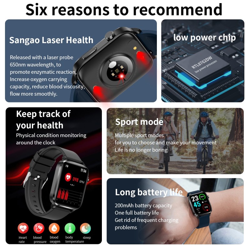 2023 New Blood Sugar Smart Watch Men Sangao Laser Treat Health Heart Rate Blood Pressure Sport Smartwatch Women Glucometer Watch
