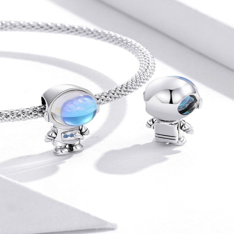 WOSTU 925 Sterling Silver Moonstone Rainbow Charm Necklace Beads Fit Original Bracelet Bangle Space Astronaut Style Jewelry Gift