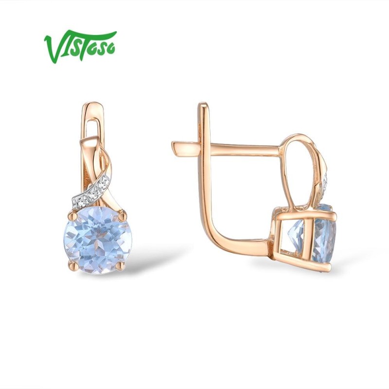 VISTOSO Gold Earrings For Women 14K 585 Rose Gold Sparkling Luxury Diamond Blue Topaz Wedding Engagement Wedding Fine Jewelry