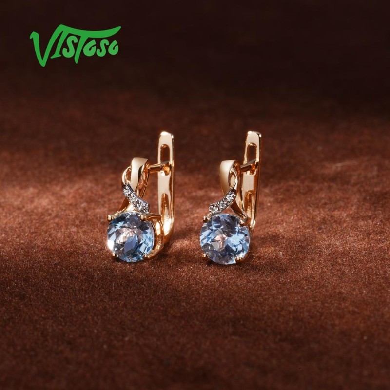 VISTOSO Gold Earrings For Women 14K 585 Rose Gold Sparkling Luxury Diamond Blue Topaz Wedding Engagement Wedding Fine Jewelry