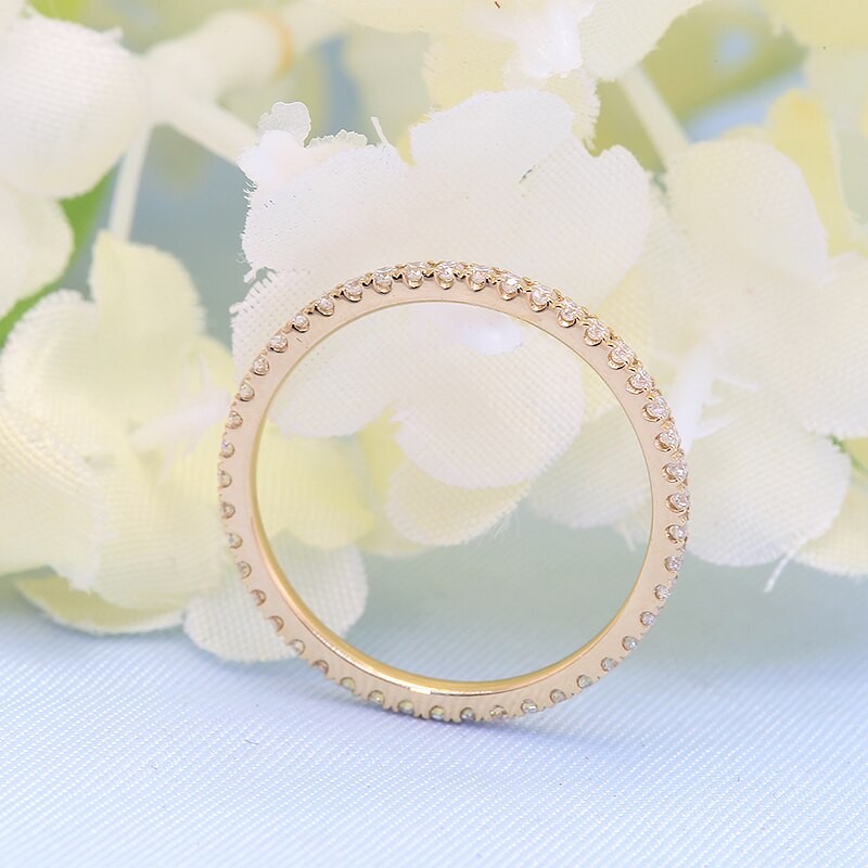 Eternity Female Moissanite Ring Solid 14K Yellow Gold Micro Pave Wedding Band Rings for Women Bridal Party Jewelry Gift