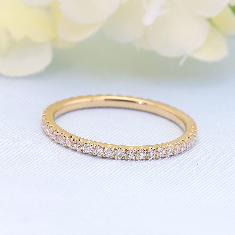 Eternity Female Moissanite Ring Solid 14K Yellow Gold Micro Pave Wedding Band Rings for Women Bridal Party Jewelry Gift